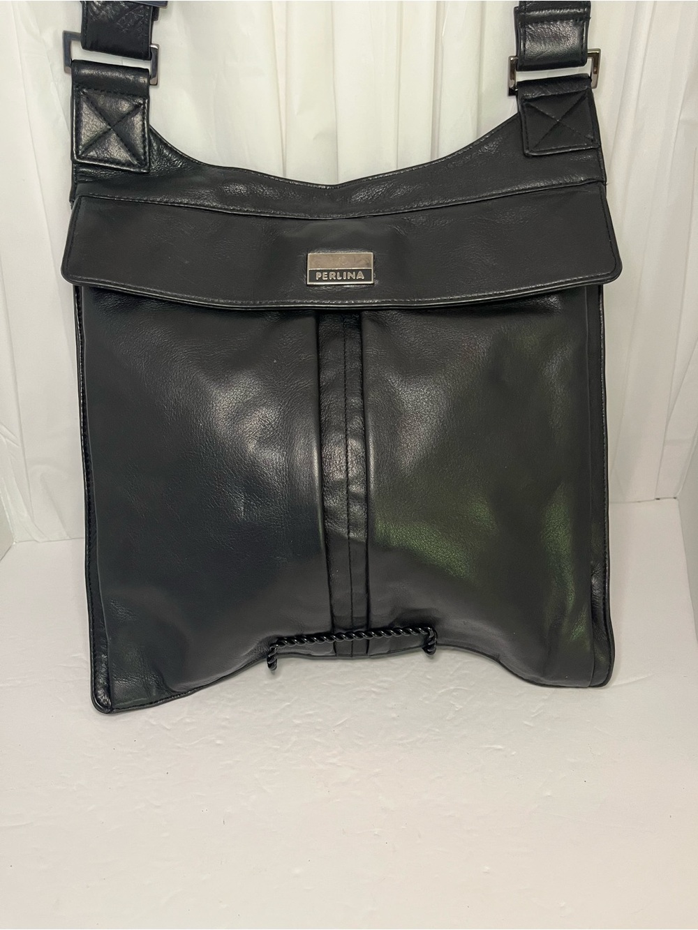 Perlina Black Leather Hobo Bag with Metal Logo Plaque